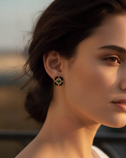 Emerald 18k Gold Vermeil Stud Earrings for Women,Art Deco Earrings, Natural Emerald Earrings,  Colombian Gemstone, French Enamel Earrings