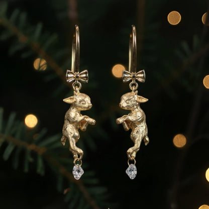 18K Solid Gold Little Lamb Diamond Drop Earrings | Fine Animal Jewelry Gift | Holiday Luxury Gold Earrings for Her