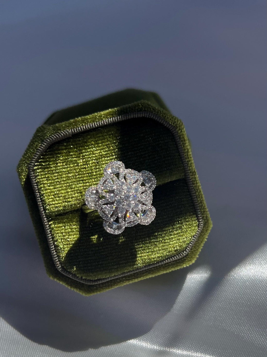 Natural Earth Mined Diamond Flower Ring in 18K Solid White Gold | Brilliant & Baguette Cut Diamonds | Diamond Cluster Ring , gift for her