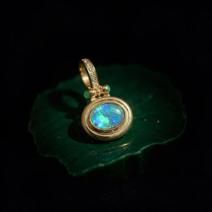 Dainty 18K Solid Gold Australian Opal Pendant – Natural Diamond & Emerald Accent