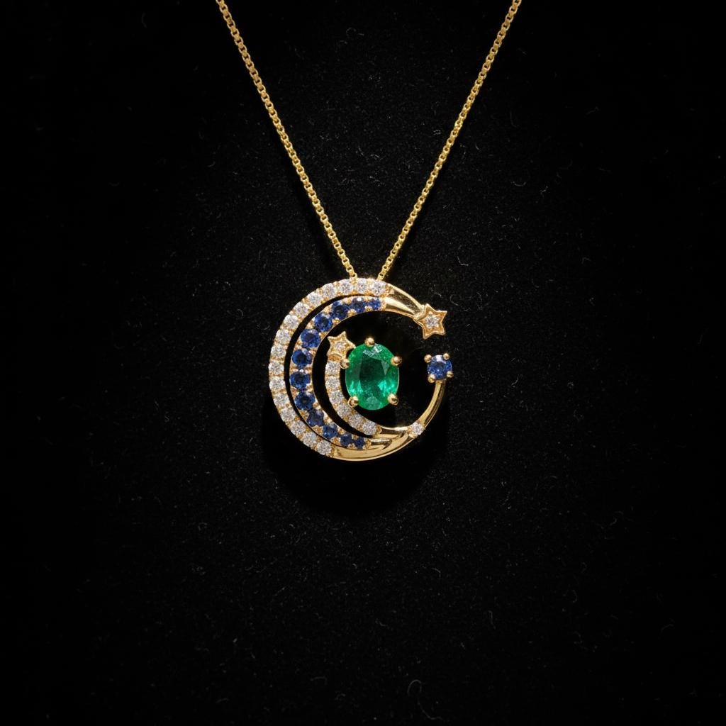 18K Solid Gold Tsavorite Garnet, Diamond & Blue Sapphire Crescent Moon Necklace | Celestial Fine Jewelry | Gift for her, One of a Kind