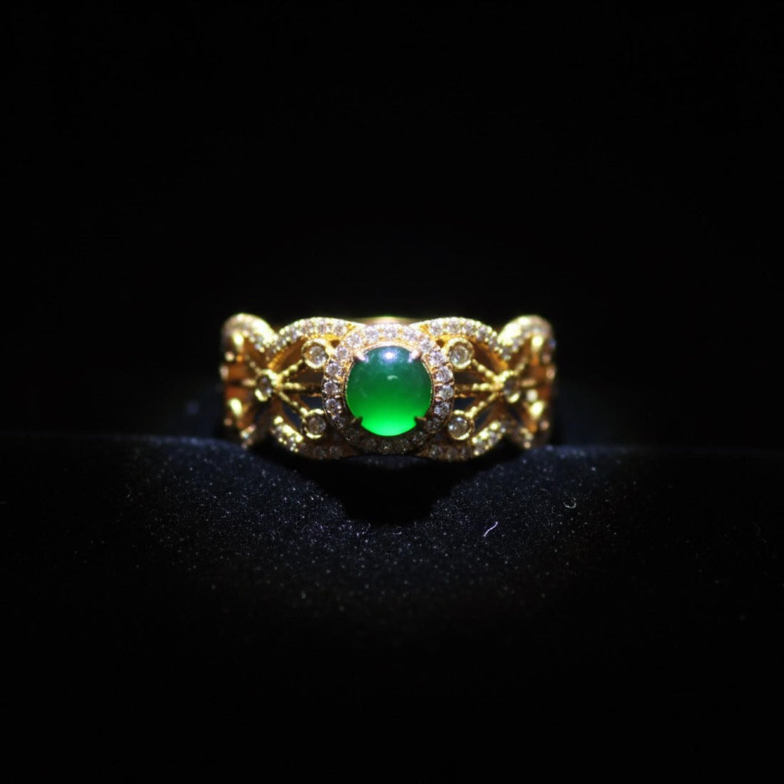 18K Solid Gold Natural Jadeite Jade Ring | One-of-a-Kind Green Jade Cabochon with Diamonds | Fine Gold Filigree Art Deco Ring | Luxury Gift