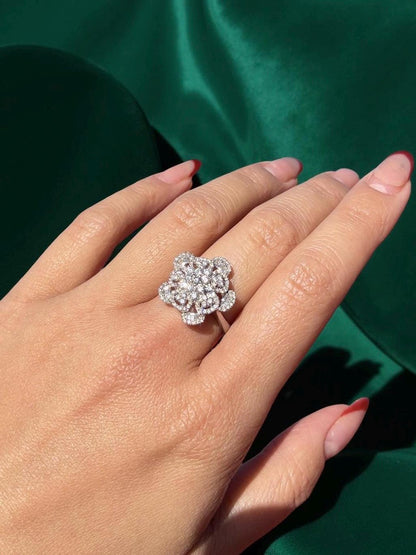 Natural Earth Mined Diamond Flower Ring in 18K Solid White Gold | Brilliant & Baguette Cut Diamonds | Diamond Cluster Ring , gift for her