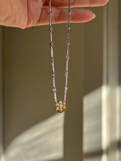 18K Solid White Gold Earth Mined Natural Diamond & Yellow Sapphire Flower Necklace | One-of-a-Kind Vintage | Fine Jewelry Gift for Her