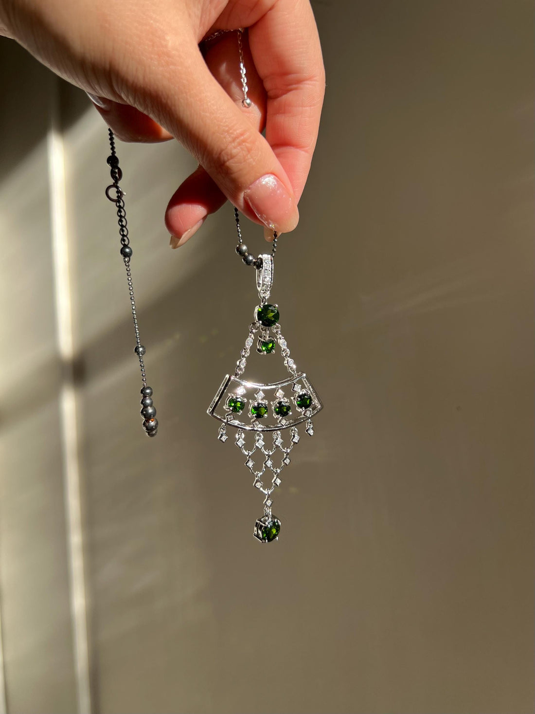 Art Deco Green Gemstone Necklace | Natural Chrome Diopside & White Sapphire Pendant | Sterling Silver Statement Necklace | One of a Kind