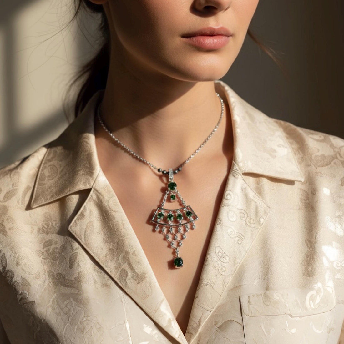 Art Deco Green Gemstone Necklace | Natural Chrome Diopside & White Sapphire Pendant | Sterling Silver Statement Necklace | One of a Kind