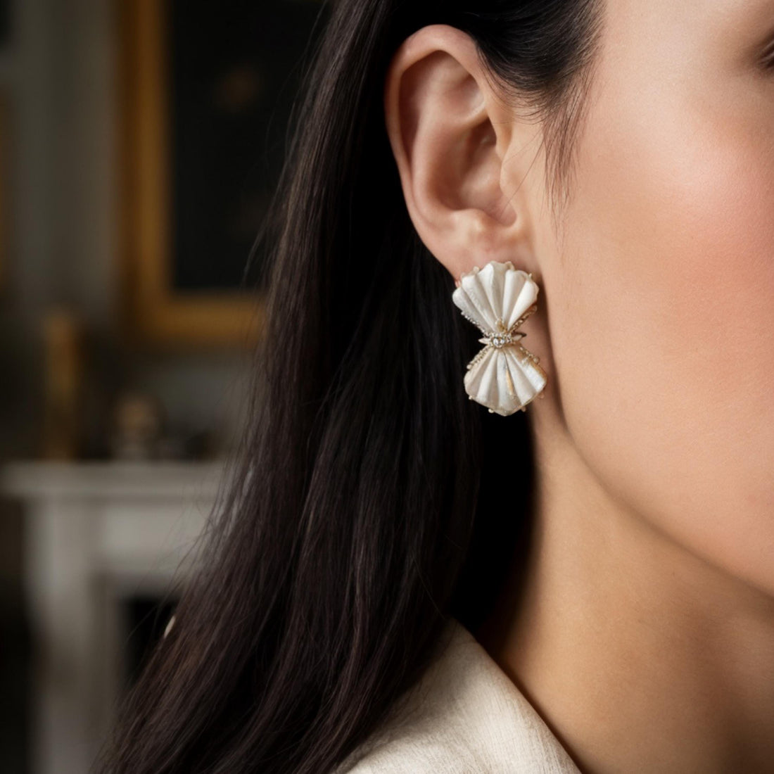 Vintage French-Inspired Small-Batch Artisanal Earrings with Hand-Carved Mother of Pearl , Statement Earrings ,18K Gold Filled , Elegant Gift