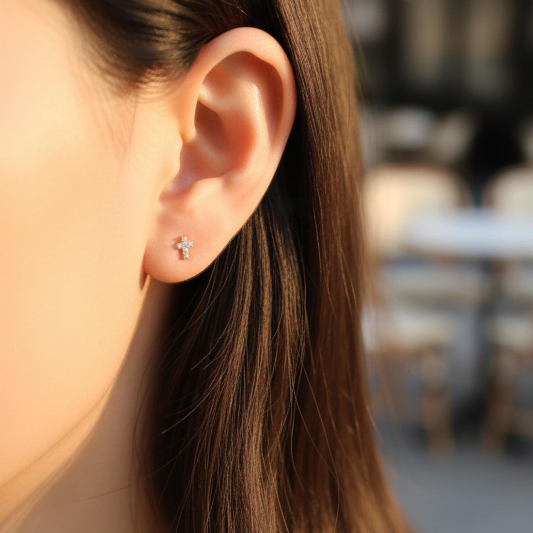 9K Solid Gold Diamond Cross Stud Earrings, Dainty Gold Cross Stud, Minimalist Christian Jewelry, Religious Gift for Her, Tiny Diamond Cross