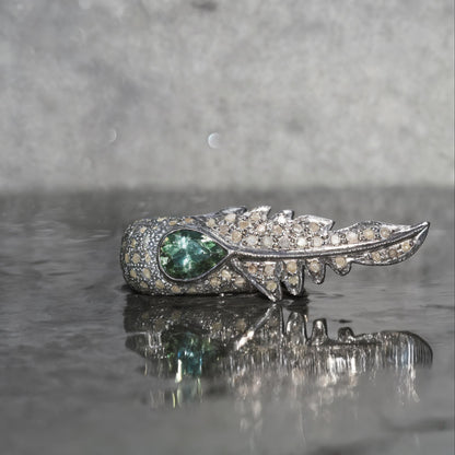 Natural Green Paraiba Tourmaline Feather Ring | Sterling Silver Statement Ring | Natural Champagne Diamond & Raw Diamond | gift for her