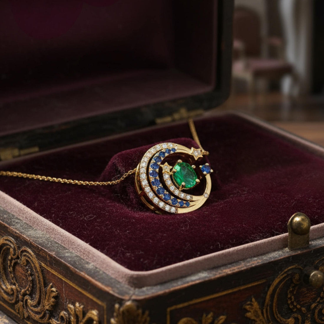 18K Solid Gold Tsavorite Garnet, Diamond & Blue Sapphire Crescent Moon Necklace | Celestial Fine Jewelry | Gift for her, One of a Kind