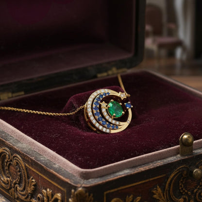 18K Solid Gold Tsavorite Garnet, Diamond & Blue Sapphire Crescent Moon Necklace | Celestial Fine Jewelry | Gift for her, One of a Kind