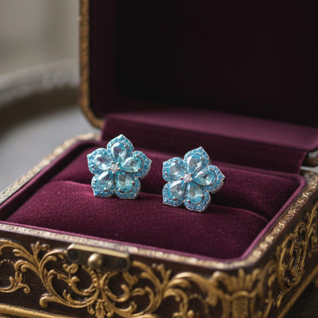 Blue Topaz Flower Earrings | Natural Blue Topaz & Sapphire Blossom Studs | Sterling Silver Fine Jewelry | Elegant Floral Earrings for Her