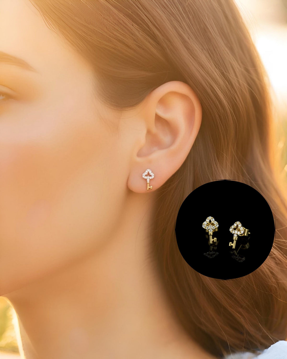 Tiny Key Stud Earrings in 9K Solid Gold | Sparkling Diamond Key Earrings | Dainty Everyday Fine Jewelry Gift | Symbolic Lucky Key Studs