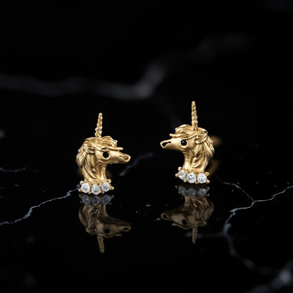 Tiny Unicorn Stud Earrings in 9K Solid Gold | Mini Diamond Unicorn Earrings | Dainty Gold Animal Studs | Whimsical Fine Jewelry Gift
