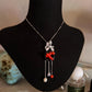Japanese Oxblood Red Coral Necklace in Sterling Silver | Natural Coral & Black Onyx Art Pendant with Pearl Drops | Fine Jewelry Gift for Her