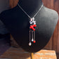 Japanese Oxblood Red Coral Necklace in Sterling Silver | Natural Coral & Black Onyx Art Pendant with Pearl Drops | Fine Jewelry Gift for Her