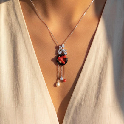 Japanese Oxblood Red Coral Necklace in Sterling Silver | Natural Coral & Black Onyx Art Pendant with Pearl Drops | Fine Jewelry Gift for Her