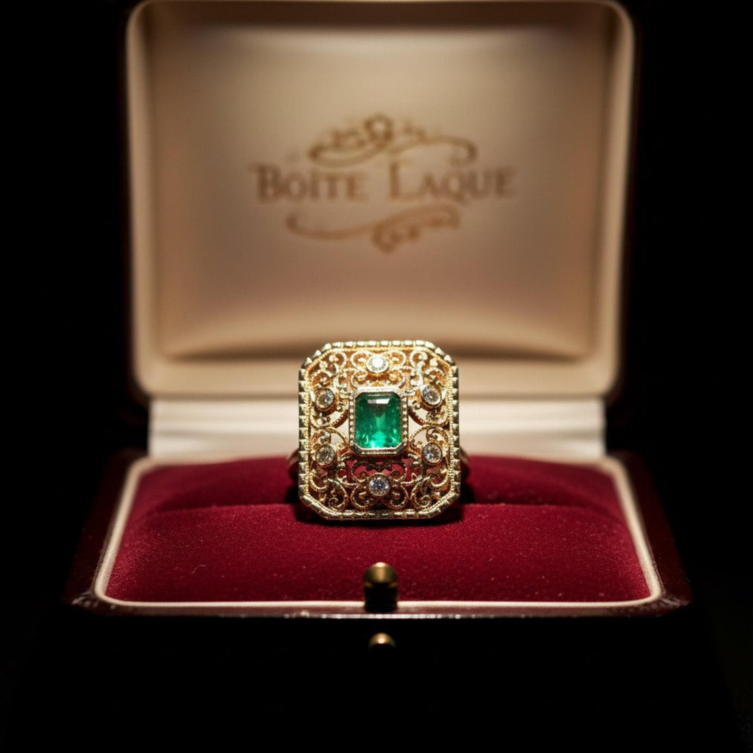 Art Deco Emerald Ring in 14K Solid Gold | Natural 0.8ct Emerald & Diamond Statement Ring | Filigree Cocktail Ring | Heirloom Jewelry Gift