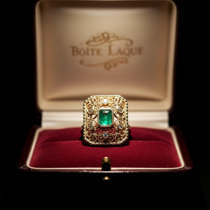 Art Deco Emerald Ring in 14K Solid Gold | Natural 0.8ct Emerald & Diamond Statement Ring | Filigree Cocktail Ring | Heirloom Jewelry Gift