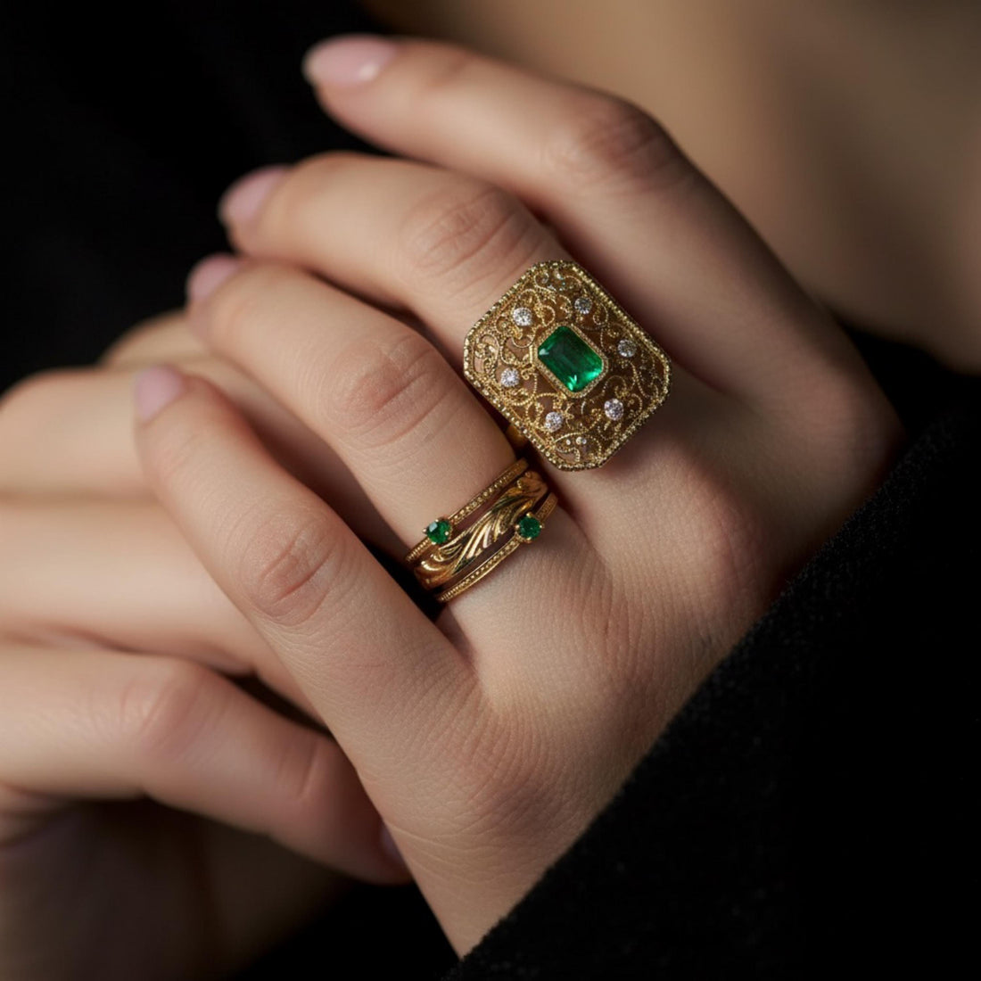 Art Deco Emerald Ring in 14K Solid Gold | Natural 0.8ct Emerald & Diamond Statement Ring | Filigree Cocktail Ring | Heirloom Jewelry Gift