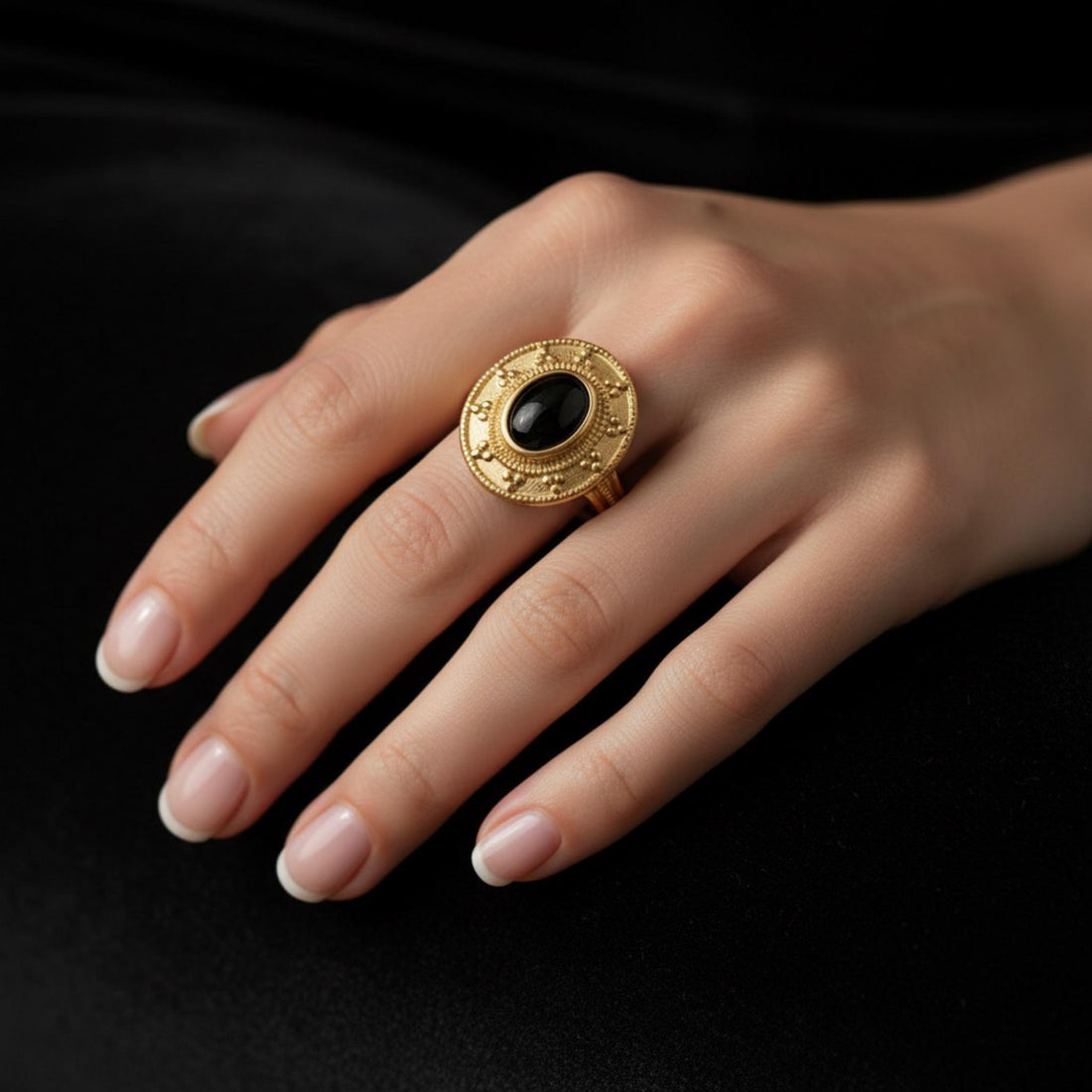 18K Gold-Filled Onyx Ring | Black Onyx Gold Ring | Vintage Inspired Statement Ring | Quiet Luxury Jewelry Gift, Cocktail Ring