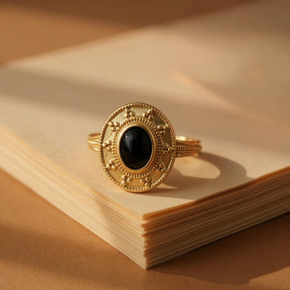 18K Gold-Filled Onyx Ring | Black Onyx Gold Ring | Vintage Inspired Statement Ring | Quiet Luxury Jewelry Gift, Cocktail Ring