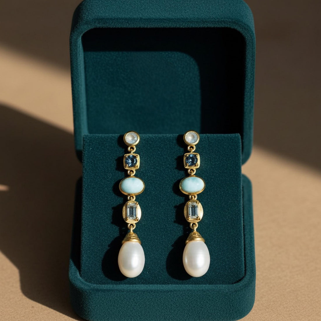 Larimar Pearl Dangle Earrings 18K Gold Filled | Natural Gemstone Earrings | Long Drop Pearl Earrings Gift for Her | Quiet Luxury Jewelry