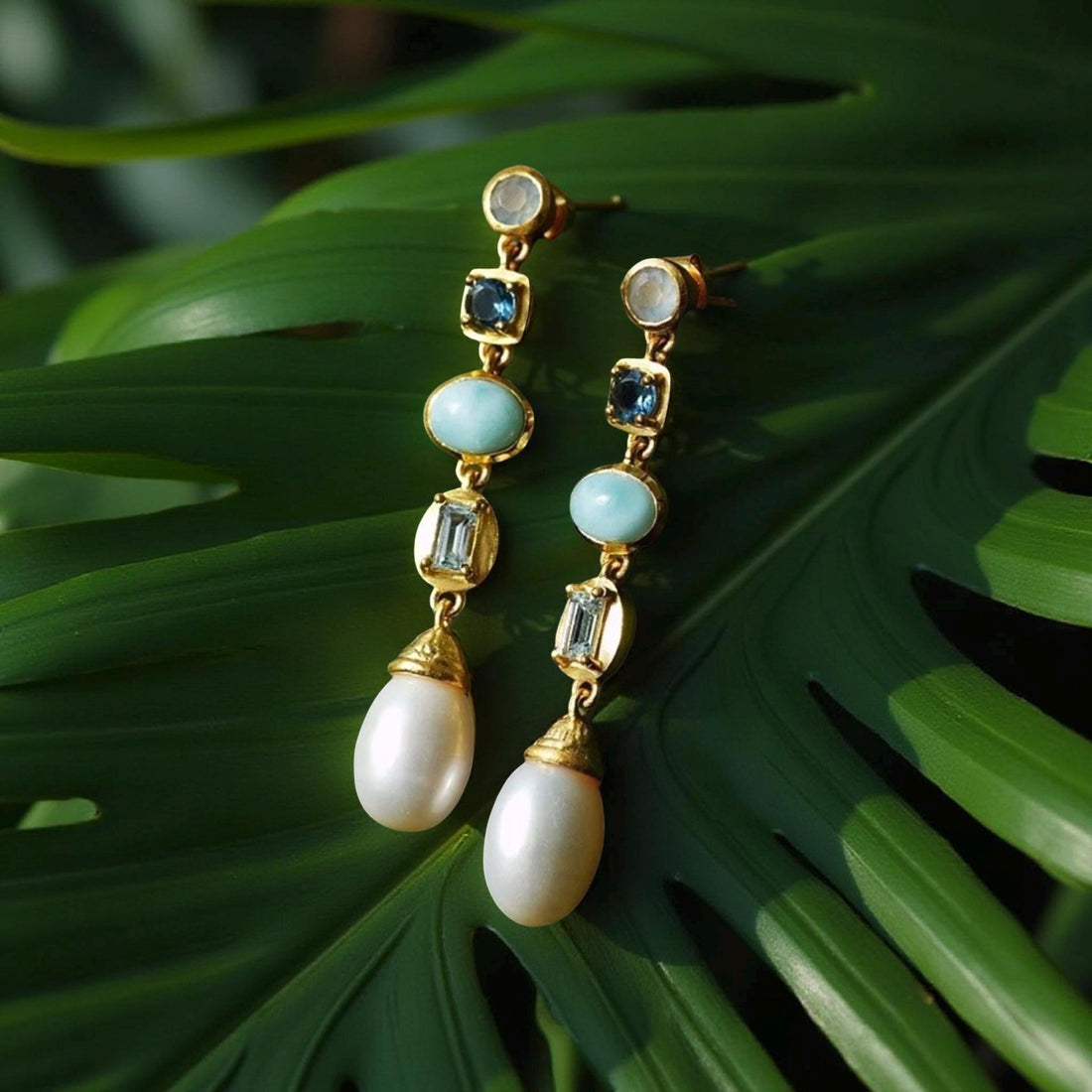Larimar Pearl Dangle Earrings 18K Gold Filled | Natural Gemstone Earrings | Long Drop Pearl Earrings Gift for Her | Quiet Luxury Jewelry