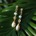 Larimar Pearl Dangle Earrings 18K Gold Filled | Natural Gemstone Earrings | Long Drop Pearl Earrings Gift for Her | Quiet Luxury Jewelry
