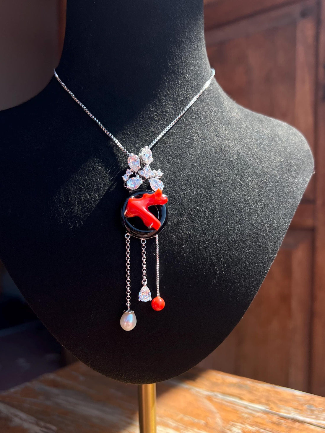 Japanese Oxblood Red Coral Necklace in Sterling Silver | Natural Coral & Black Onyx Art Pendant with Pearl Drops | Fine Jewelry Gift for Her