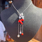 Japanese Oxblood Red Coral Necklace in Sterling Silver | Natural Coral & Black Onyx Art Pendant with Pearl Drops | Fine Jewelry Gift for Her