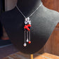 Japanese Oxblood Red Coral Necklace in Sterling Silver | Natural Coral & Black Onyx Art Pendant with Pearl Drops | Fine Jewelry Gift for Her