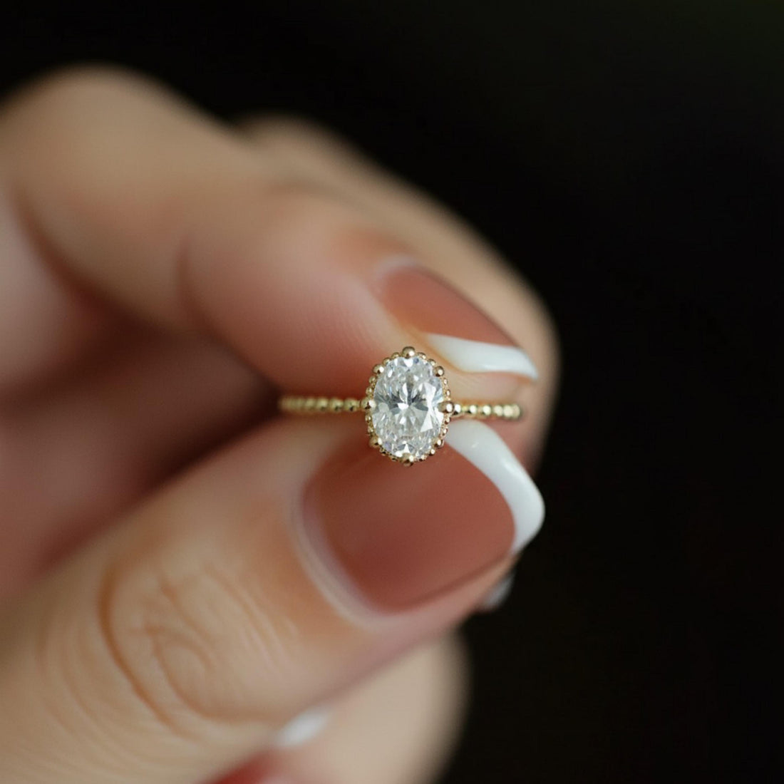 9K Solid Gold Oval Solitaire Ring • Vintage Beaded Band Engagement Ring • Dainty Diamond Ring • Minimalist Gold Ring • Promise Ring Gift