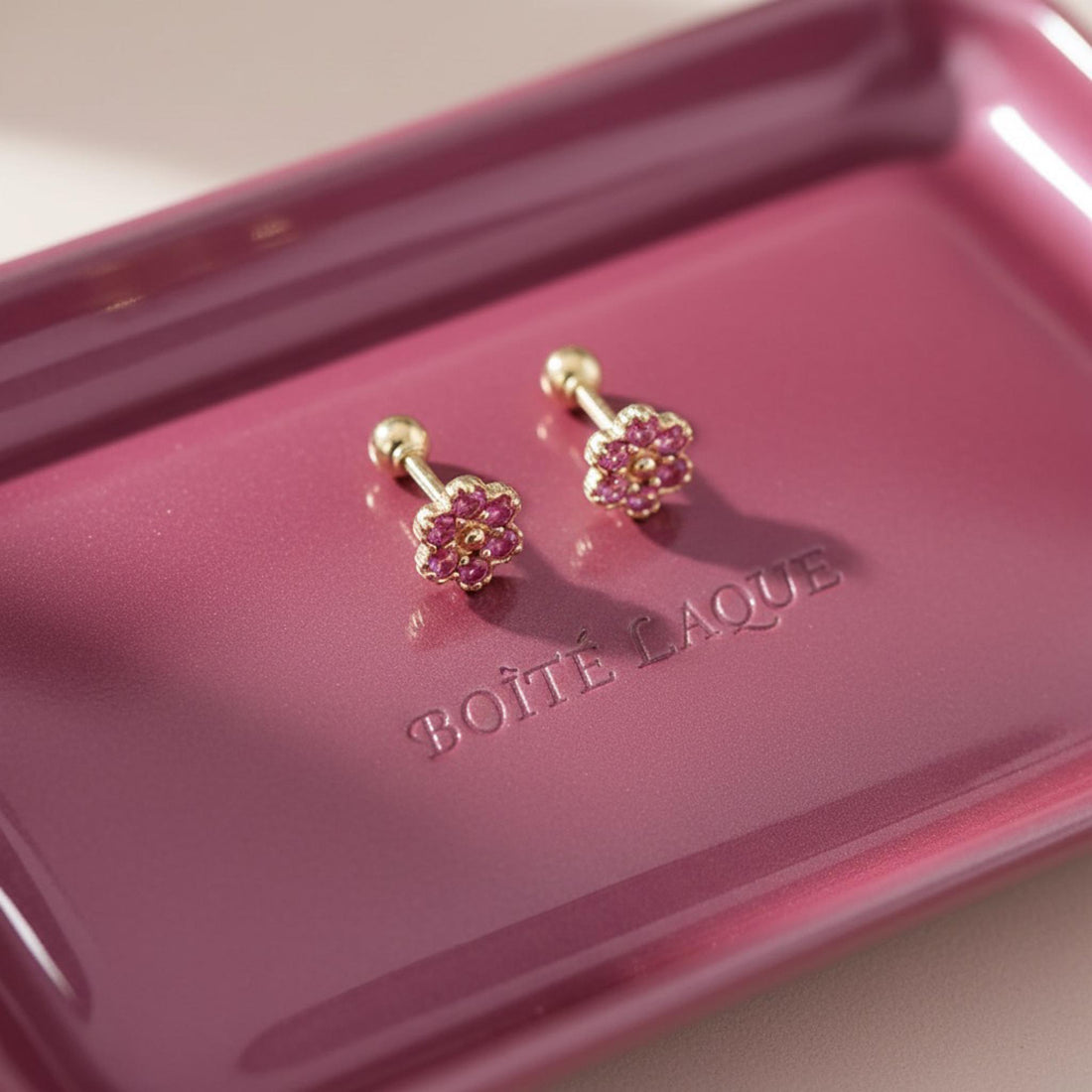 18K Solid Gold Pink Sapphire Flower Stud Earrings | Natural Gemstone Fine Jewelry | Luxury Gift Earrings | Solid Gold Screw-Back Studs