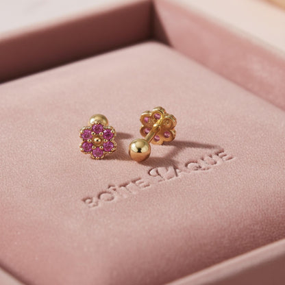 18K Solid Gold Pink Sapphire Flower Stud Earrings | Natural Gemstone Fine Jewelry | Luxury Gift Earrings | Solid Gold Screw-Back Studs