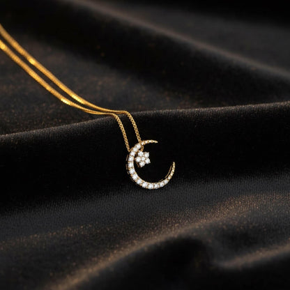 18K Solid Gold Earthmine Diamond Crescent Moon Star Pendant Necklace | Natural Diamond Moon Star Necklace | Celestial Fine Jewelry