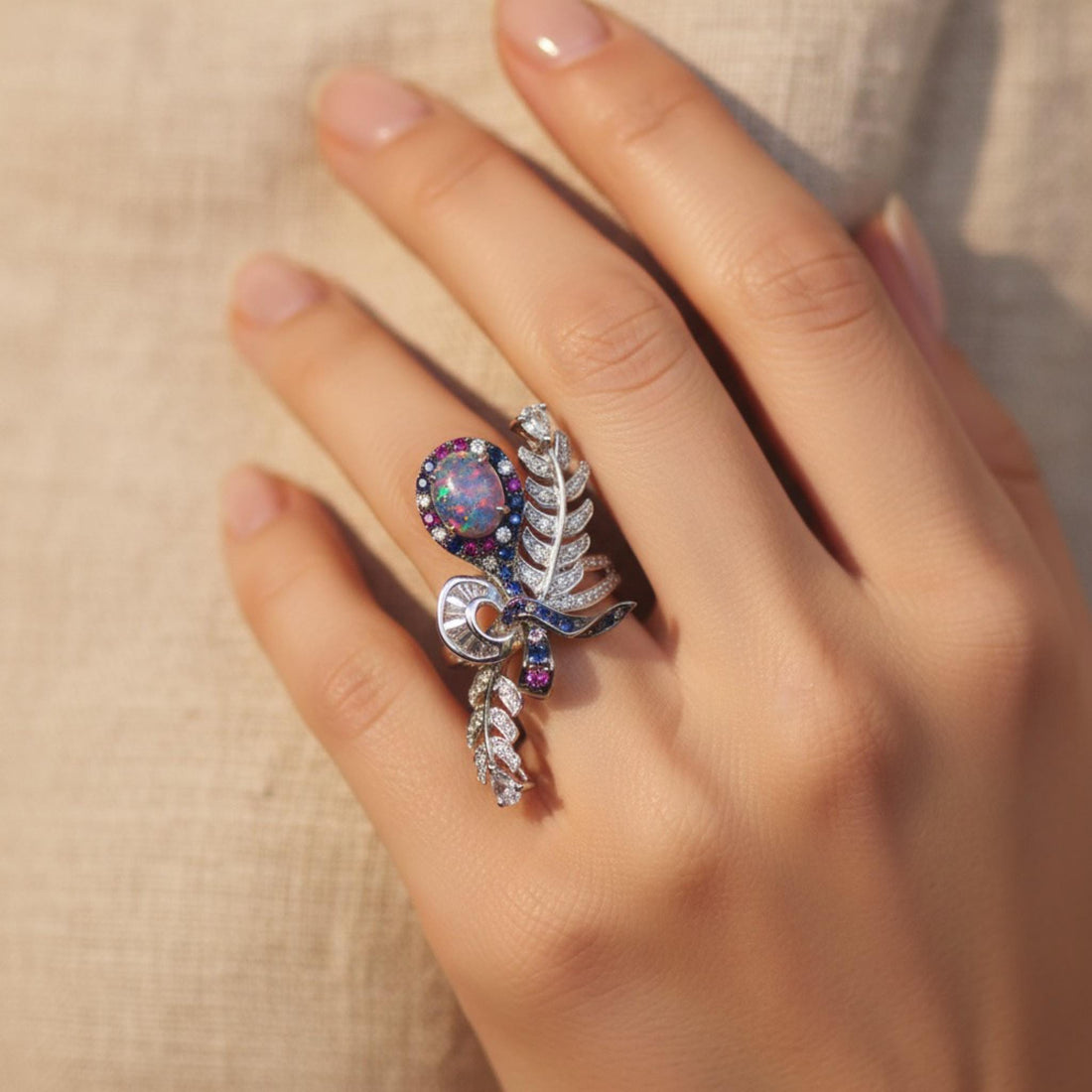 Collector-Grade Lightning Ridge Black Opal Ring in 18K White Gold | Natural N4 Black Opal with Rare Red Fire, Diamonds, Sapphires & Rubies |