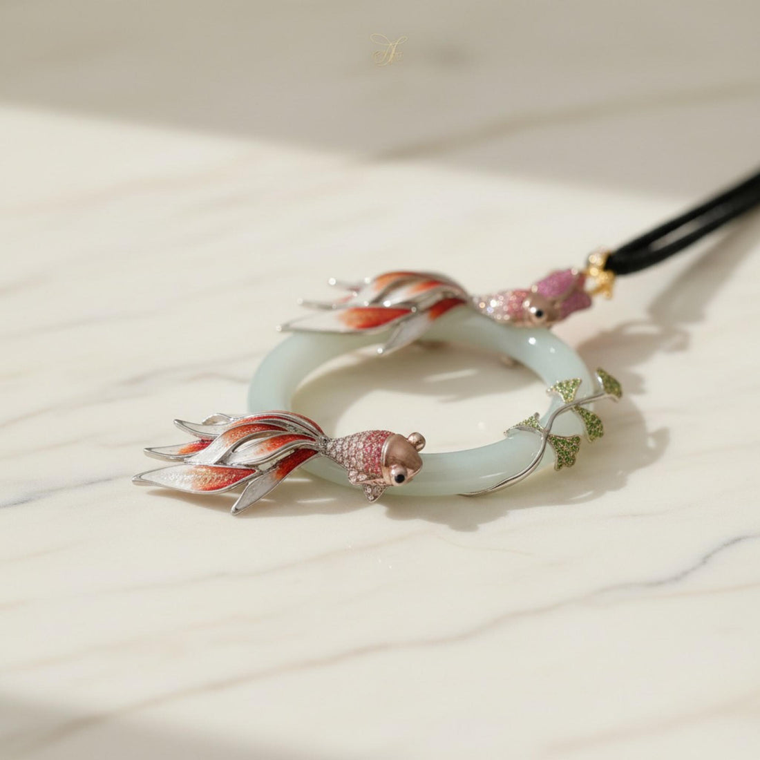 Natural Jadeite Jade Pisces Pendant | Handcrafted Cloisonné Enamel Art Jewelry | One of a Kind Statement Necklace