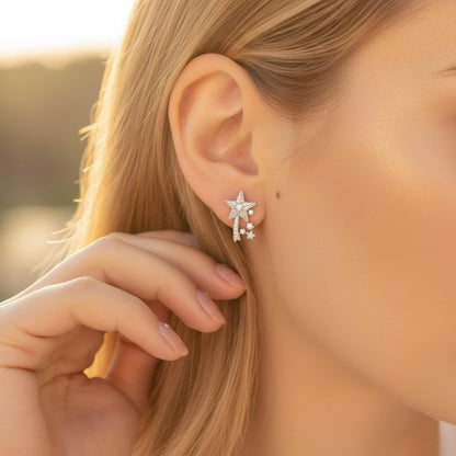 18K Solid White Gold Shooting Star Diamond Earrings | Natural Earth-Mined Diamonds Earrings | Celestial Fine Jewelry