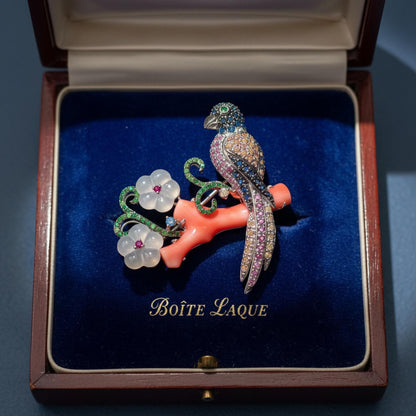 One of a Kind Coral & Icy Jade Phoenix Pendant Brooch | Natural Sapphire Art Jewelry | Convertible High Jewelry Piece