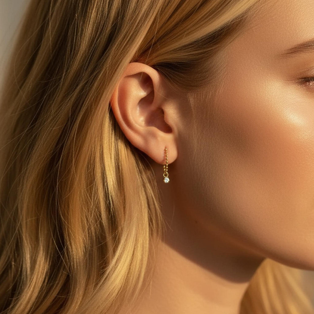 10K Solid Gold Chain Threader Earring | Minimal Dainty Gold Earring | Everyday Fine Jewelry | Optional Diamond Accent | Gift for Her