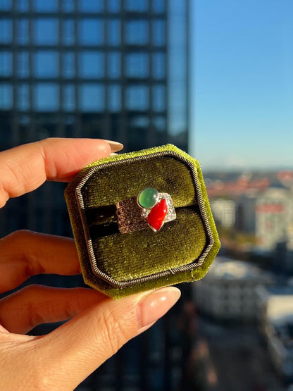 One-of-a-Kind Jadeite Jade & Red Coral Ring | Natural Green Jadeite Cabochon | White Sapphire Accents | Collector Jewelry