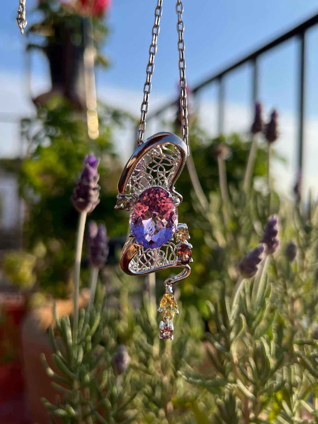 Amethyst Pendant Brooch Necklace One of a Kind Statement Jewelry with Color Change Garnet Accents, Healing Crystal Necklace, Unique Gemstone