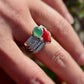 One-of-a-Kind Jadeite Jade & Red Coral Ring | Natural Green Jadeite Cabochon | White Sapphire Accents | Collector Jewelry