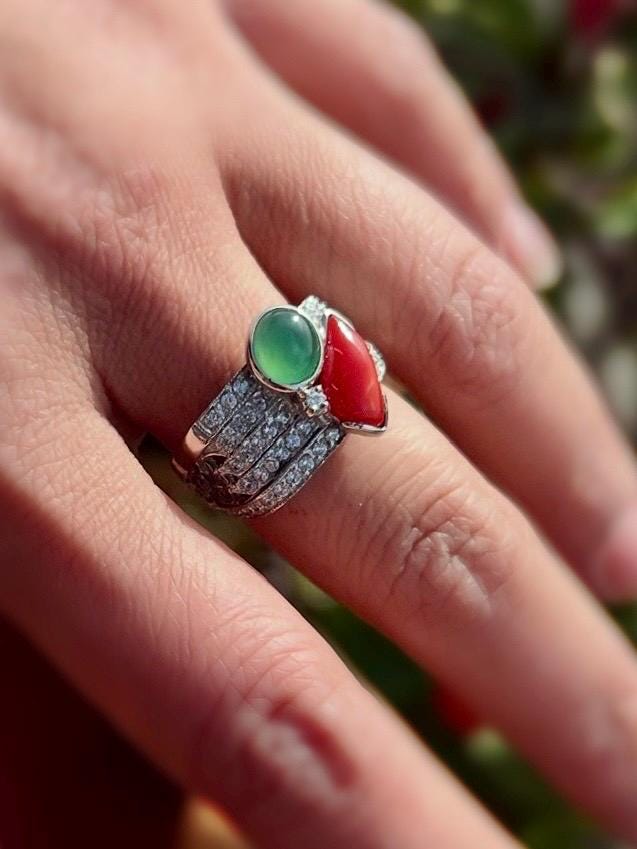 One-of-a-Kind Jadeite Jade & Red Coral Ring | Natural Green Jadeite Cabochon | White Sapphire Accents | Collector Jewelry