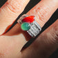 One-of-a-Kind Jadeite Jade & Red Coral Ring | Natural Green Jadeite Cabochon | White Sapphire Accents | Collector Jewelry