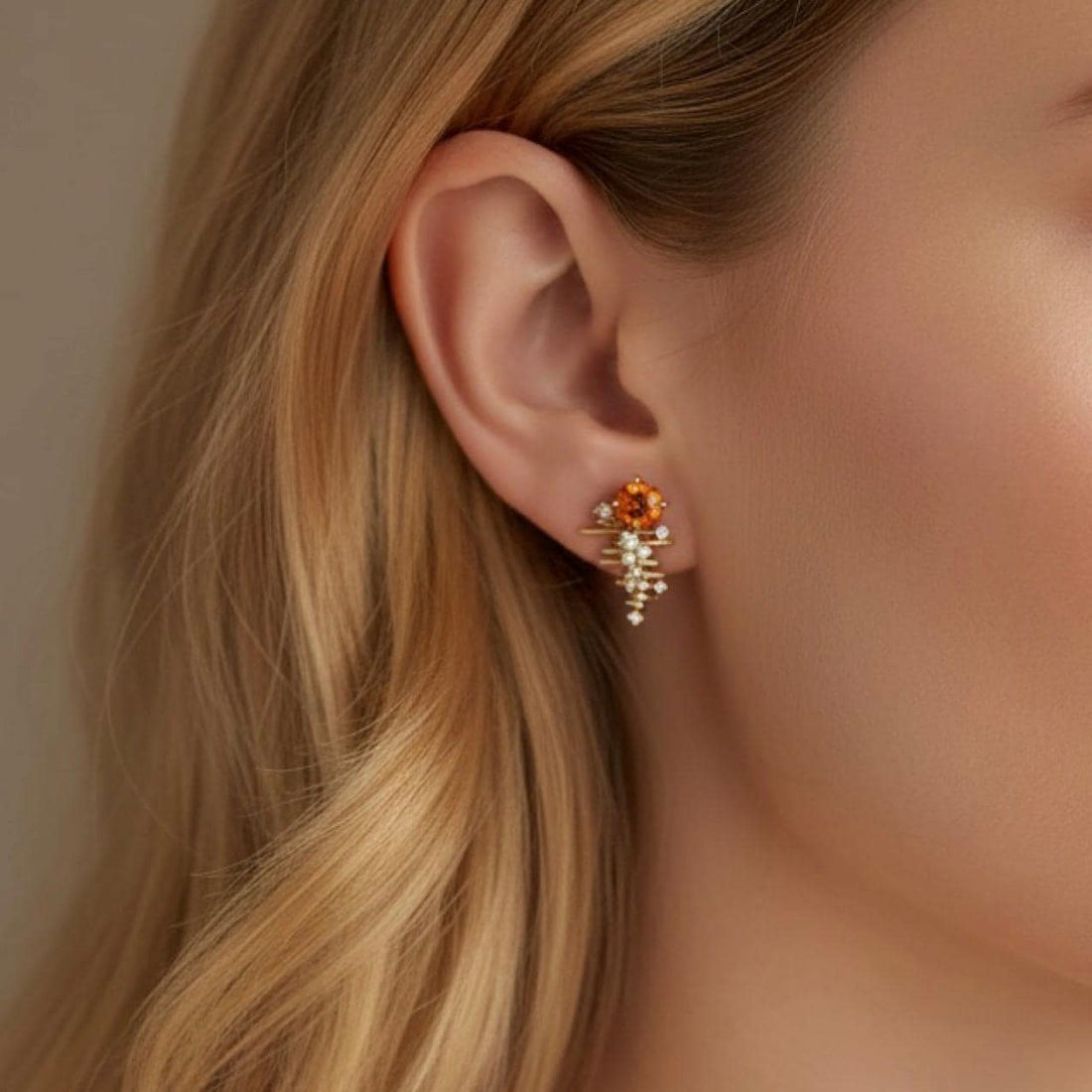 18K Solid Gold Orange Garnet Stud Earrings | Natural Garnet & Earth Mined Diamond | Fine Jewelry Statement Studs, Fine Jewelry Gift