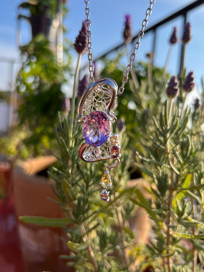 Amethyst Pendant Brooch Necklace One of a Kind Statement Jewelry with Color Change Garnet Accents, Healing Crystal Necklace, Unique Gemstone