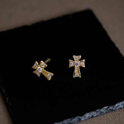9K Solid Gold Cross Stud Earrings | Tiny Sparkle Gold Cross Earrings | Minimalist Fine Jewelry | Everyday Luxury Studs Gift
