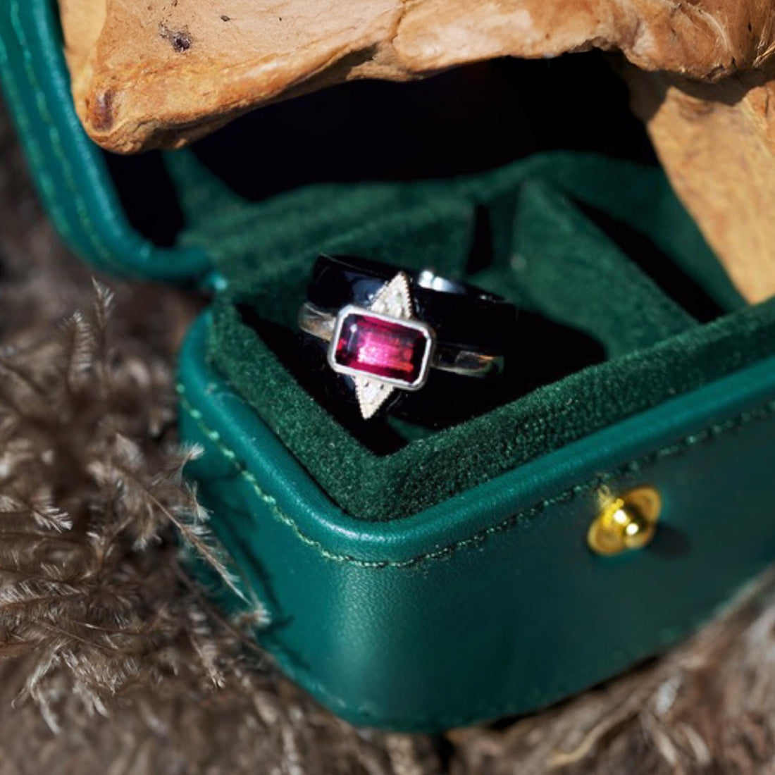 Rubellite Tourmaline Ring with Black Onyx & Diamond | One of a Kind Statement Ring | Art Deco Gemstone Ring | Size 4.5 | Sterling Silver